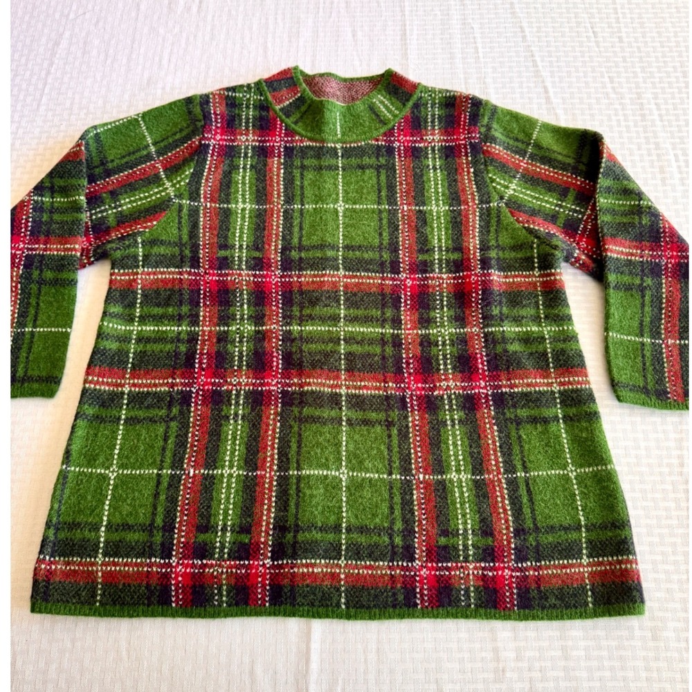 Entro Green Plaid Oversized Fuzzy Mock Neck Sweater Holiday Tartan T28879 Large